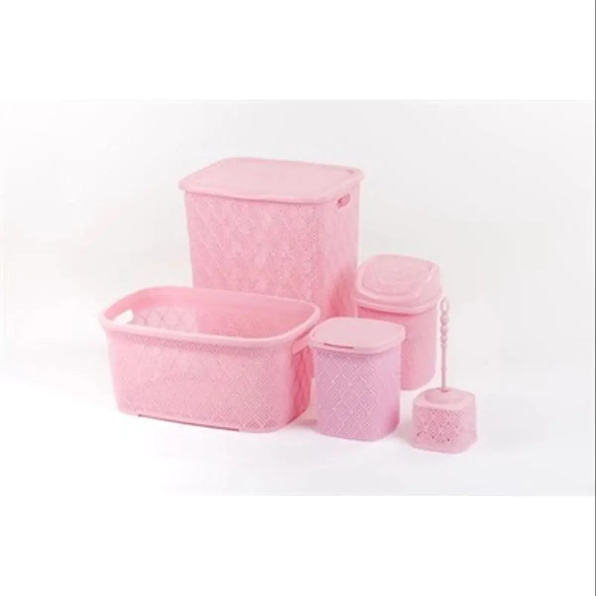 

Bathroom Accessory Set Pink 5 Pcs Plastic Durable Dirty And Clean Laundry Baskets Trash Can Toilet Brush For Home Fast shipping