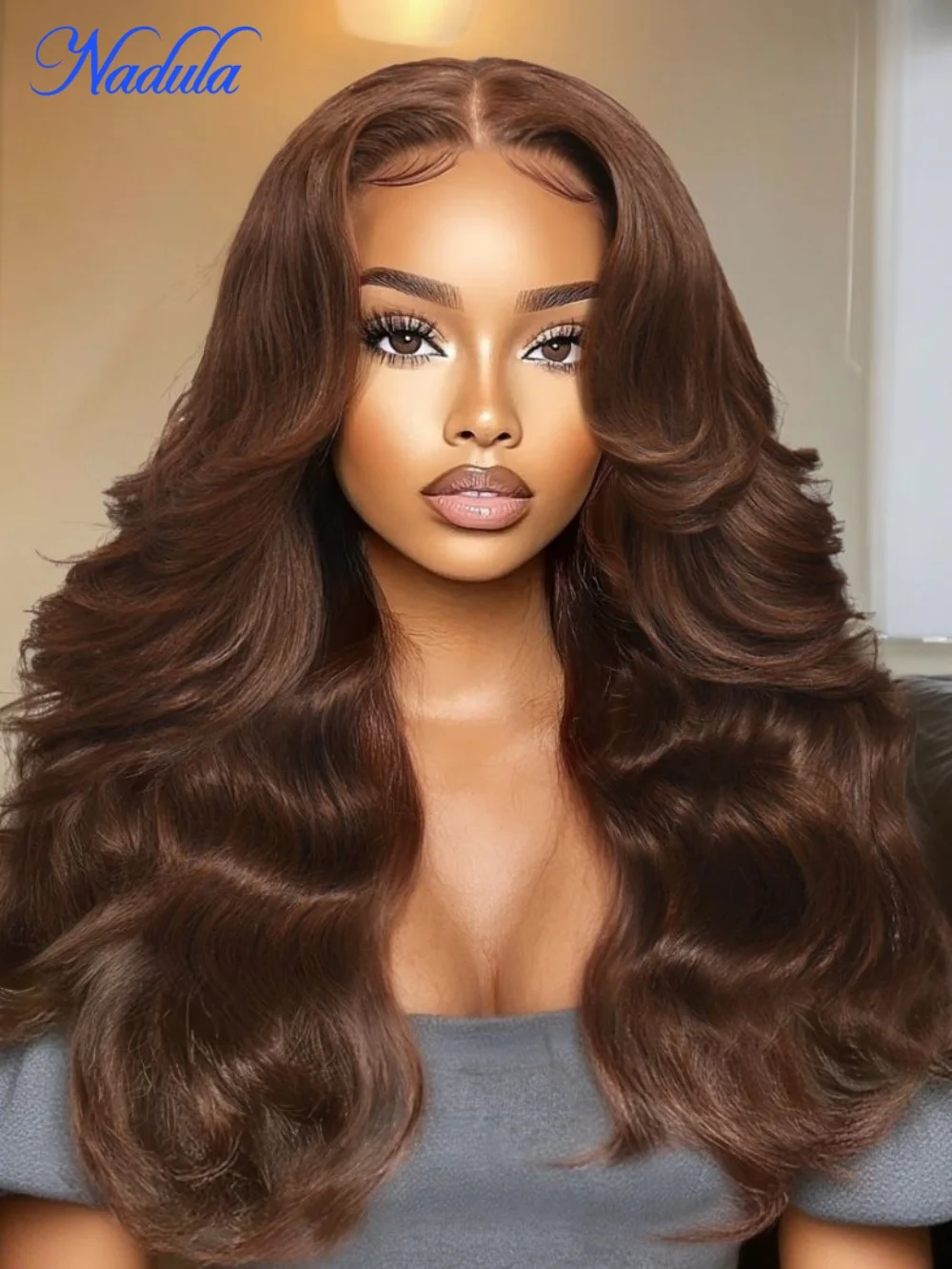 

Nadula 13x4 Pre-everything Espresso Mocha Mousse Color With Curtain Bangs Loose Wave Wig with Invisi Drawstring Glueless Wigs