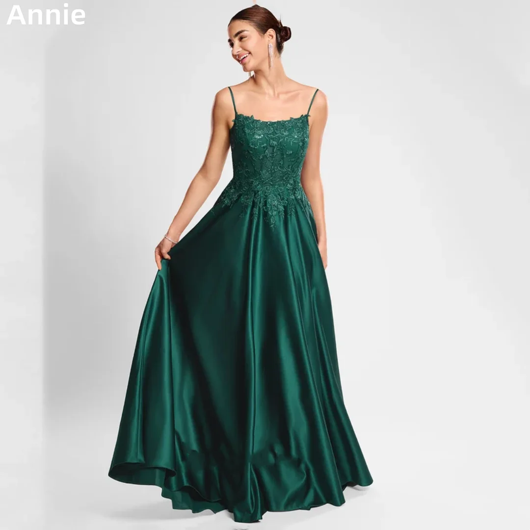 

Annie Sequin Embroidery Prom Dresses Green Satin Evening Dresses Spaghetti Strap Elegant Ladies Robes De Soirée Customized