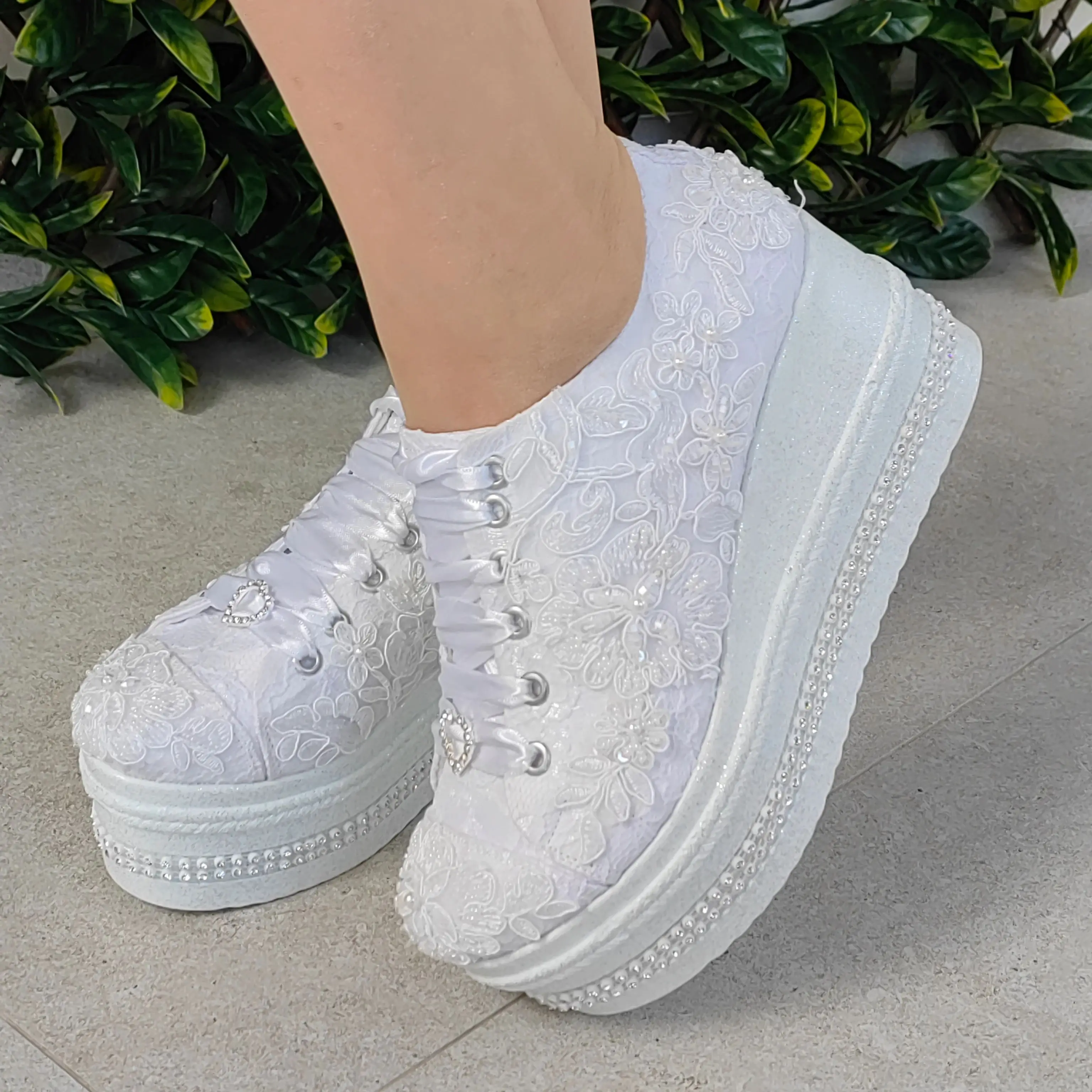 Bridal Shoes 8CM Platform Sport bridal Shoes White lace Light heel comfortable bridal shoes canvas luxury quality design