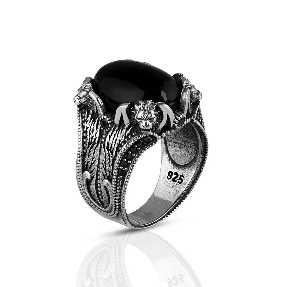 Lion Pattern, Black Onyx Cubic Zirconia Men 'S Silver Ring, 925 Sterling Silver Ring, Gift for Men, real Natural Stone, Turkish Style