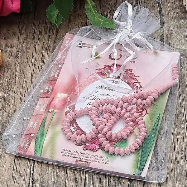 

10 Pcs Gift Yasin Book (Bag Size) 80 Pages, 99 Scented Rosary and Tulle Decorated Economic Mevlid Package-Tulip