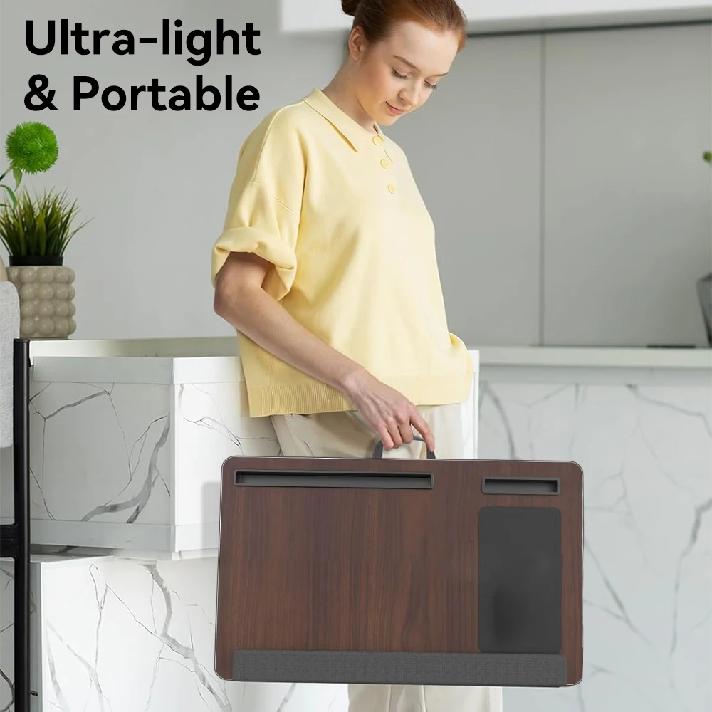 طاولة سرير للكمبيوتر المحمول قابلة للتعديل مع مسند للمعصم وفتحات للهاتف اللوحي وتصميم مريح قابل للطي للقراءة والكتابة