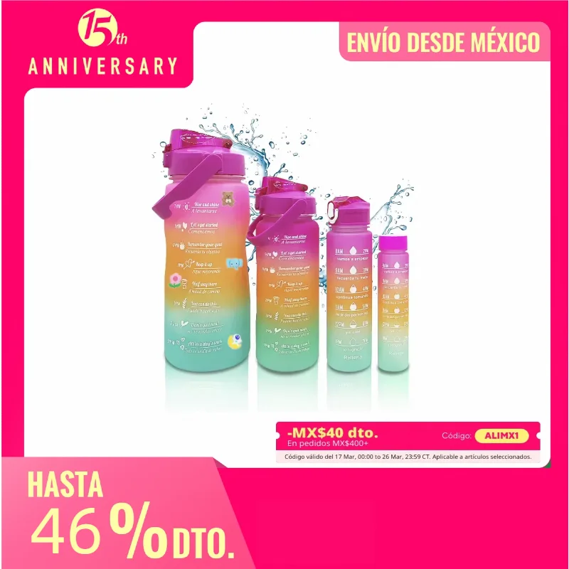 Botellas De Agua Set 4 Piezas Tu Tinaco de Agua de 3L+1.7L+900ML+500ML Botella jumbo Motivacional 4 Piezas