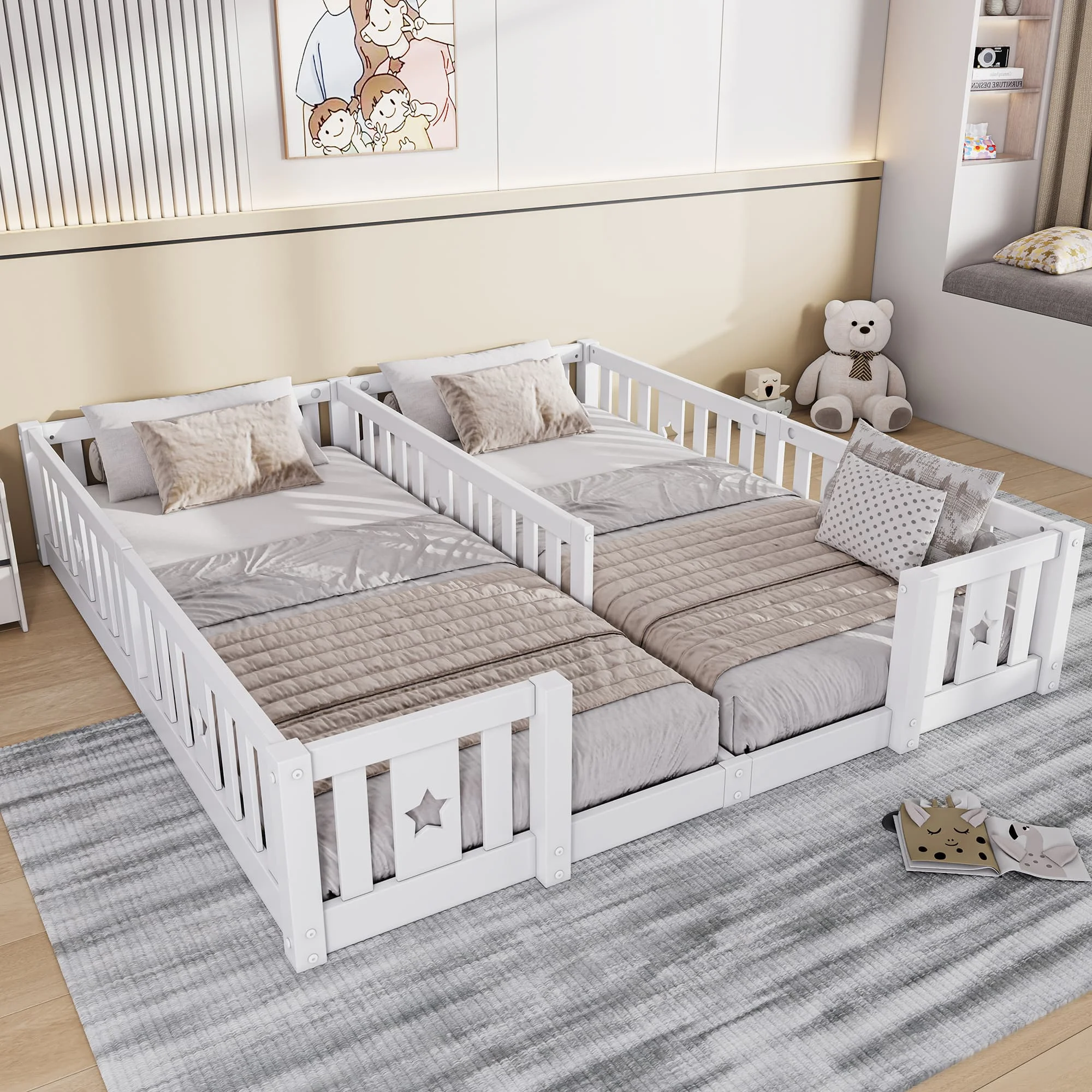 MGMYM Cama doble infantil 180x200 cm de madera maciza, con barrera y diseño de estrellas, cama a nivel del suelo, protección anticaídas, blanco/gris