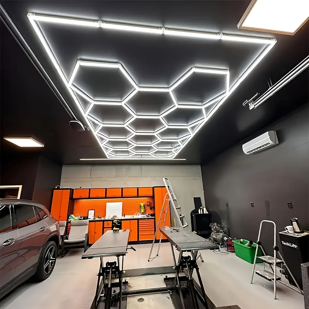 Plafonniers LED hexagonaux ultra-lumineux, grille nid d'abeille, blanc froid 6500K, lampe hexagonale DIY assemblable pour garage, éclairage LED moderne idéal pour le detailing automobile, bureau,