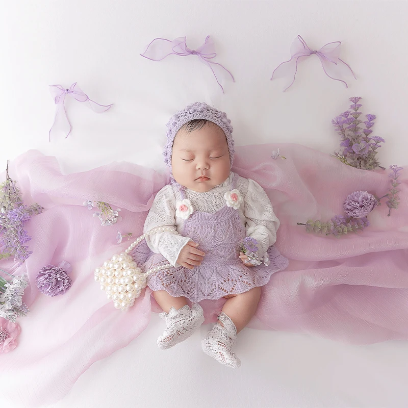 

Newborn Photography Purple Theme Knit Hat + Skirt Simulation Flowers Props Pearl Bag Ladylike Style Infants Creative Photo Props