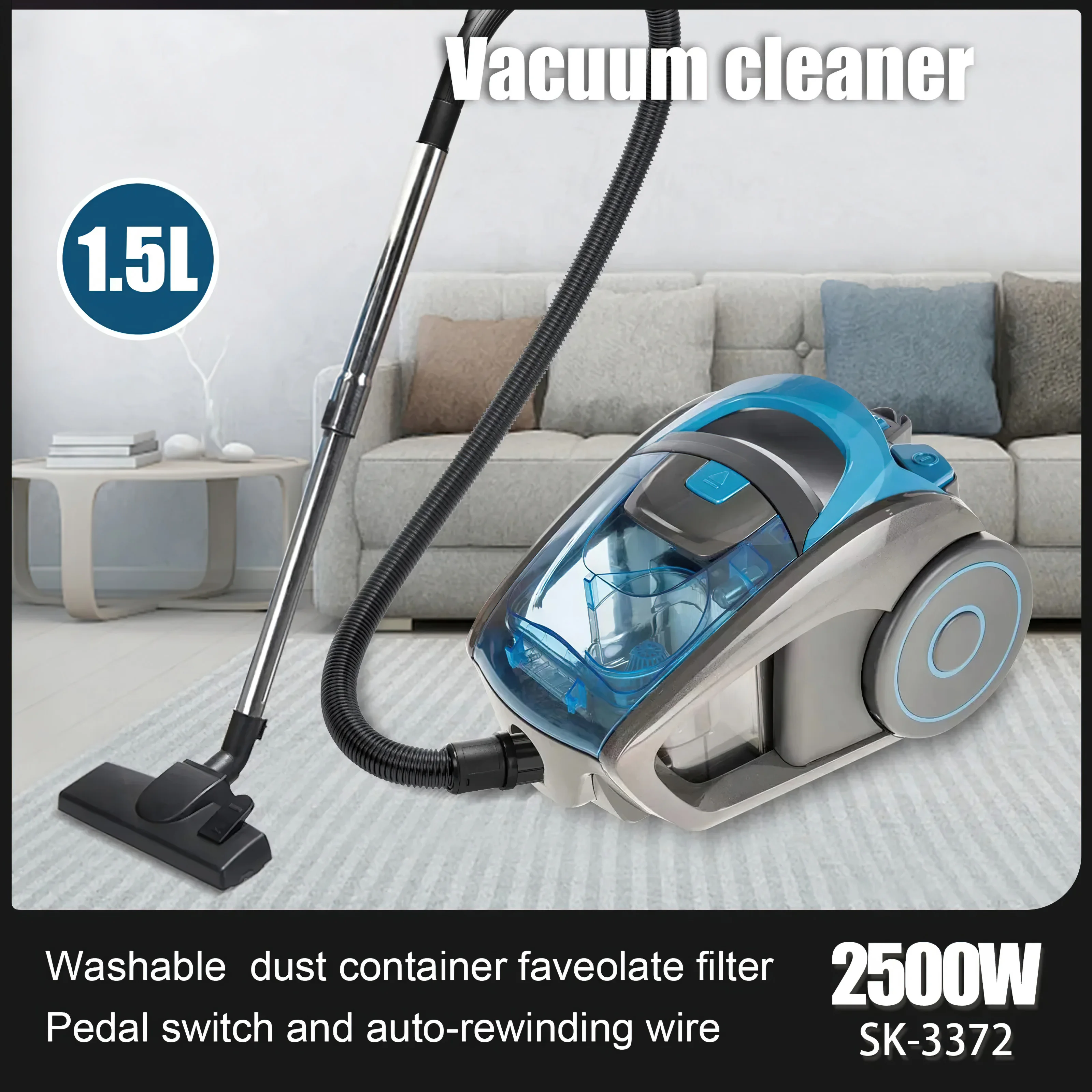 2500W Bagless Canister Vacuum clean multi-cyclonic Filtration cored Vacuum for Hard Floors Carpets FET Hair