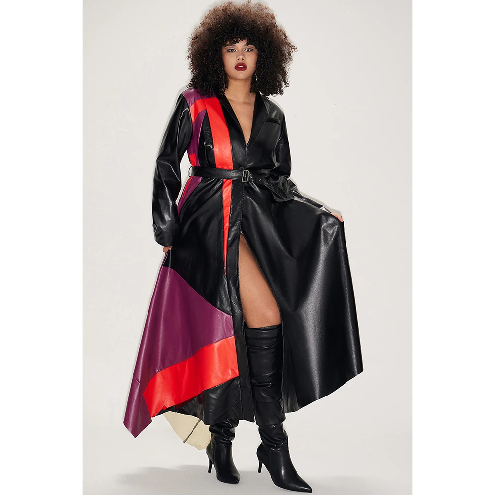 Plus Size Daily Trench Coat Black Contrast Color PU Leather Long Windbreaker Trench Coat