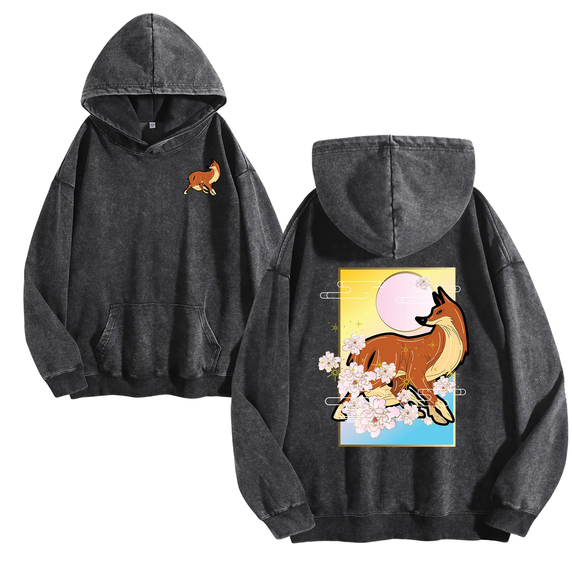 

Вишневый цвет лисы, двусторонний принт, 400 г, винтажная стираная толстовка унисекс, уличная одежда большого размера, пуловер, осенне-зимняя коллекция