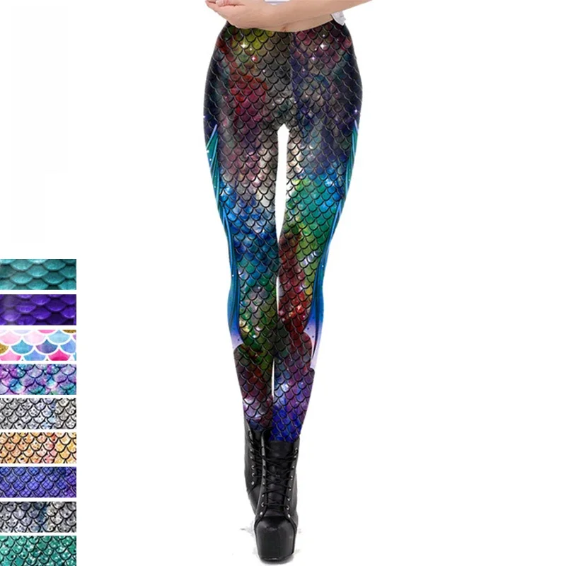 NADANBAO Galaxy Mermaid legginsy damskie trening Fitness Legging kolorowe wagi rybne drukowane leginsy — zdjęcie 2