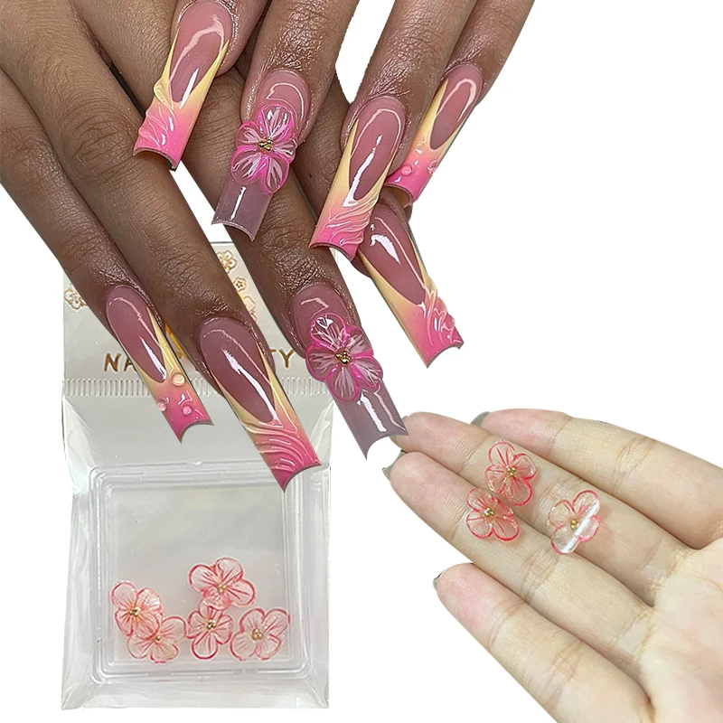 5pcs Handcrafted Acrylic Flower Nail Charms Exquisite Carving Flower Pink Handmade Flowers Kawaii Nail Jewelry