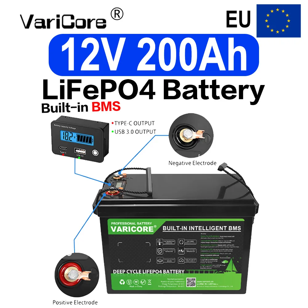 VariCore 12V 200Ah LiFePO4 Deep Cycle Batterij Smart BMS voor RV Solar Camping Boot Off-Grid Stroomvoorziening
