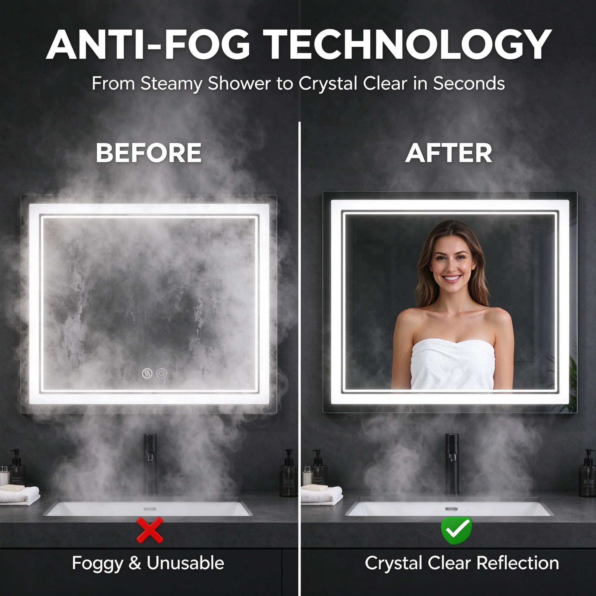 Wall Mount Rectangular Smart LED Grooming Mirror, Steam Resist Auto Defog, Touch Sensor, Stepless Dimming via Long Press, Illuminated Bathroom Makeup Mirror for Home Renovation