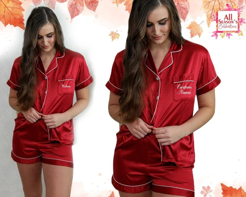 Custom Pajamas Set Personalized Bridesmaid Satin Pajama Sets Wedding Maid of Honor Gift Monogram Silk Payamas Set Sleepwear Sets
