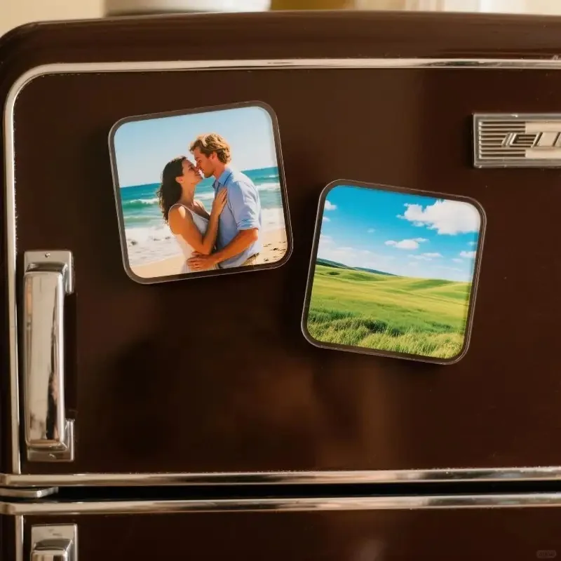 Custom acrylic fridge magnets, personalize with images of couples, family, landscapes, etc., unique kitchen and home fridge deco