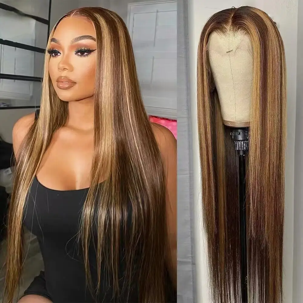

34 Inch Ombre Highlight Lace Front Wigs Human Hair with Baby Hair 4/27 Honey Blonde straight 13x4 HD Lace Frontal Wig Human Hair