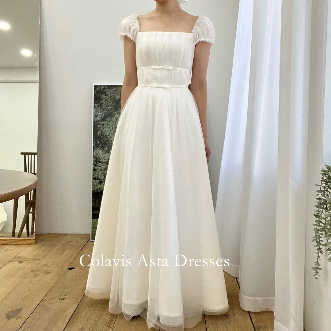 Colavis Asta Korea Square Neck White Wedding Dresses 웨딩드레스 Tulle Cap Sleelves Custom Made Photoshoot Bride Gowns Plus Size