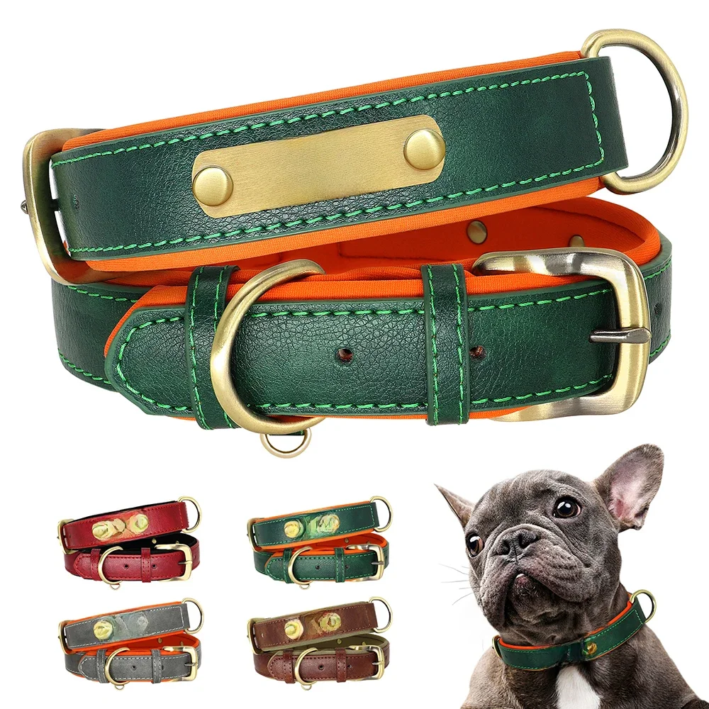 Aangepaste PU lederen naamplaatje halsband zacht gewatteerde hondenhalsbanden gratis gravure naam voor kleine, middelgrote en grote honden verstelbaar - afbeelding 2