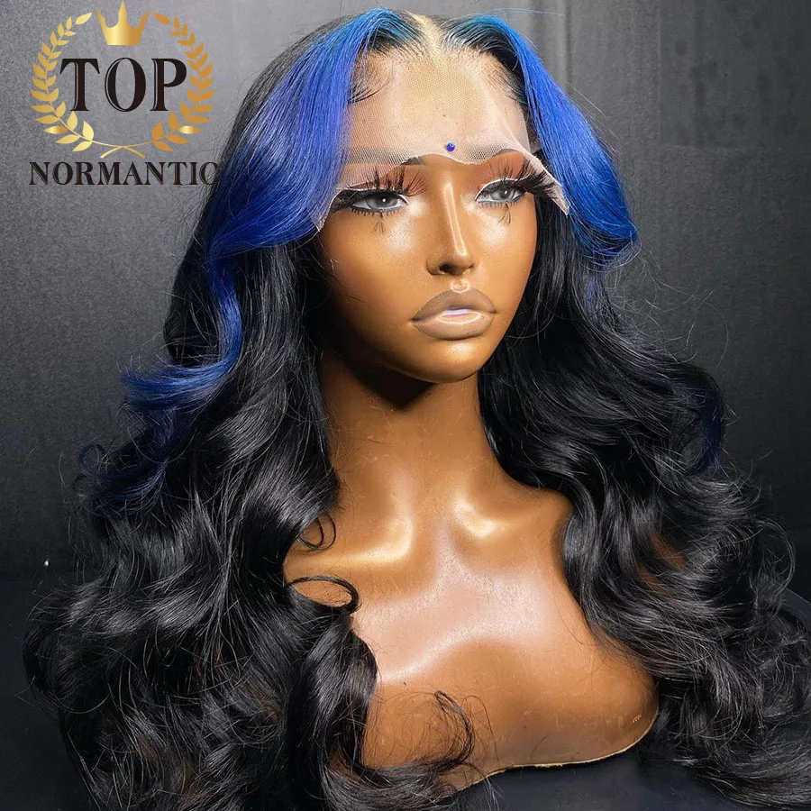 Topnormantic Blue Highlight Brazilian Hair 13x4 Lace Front Wigs with Middle Part Body Wave 13x6 Human Hair Wig for Woman Glueles