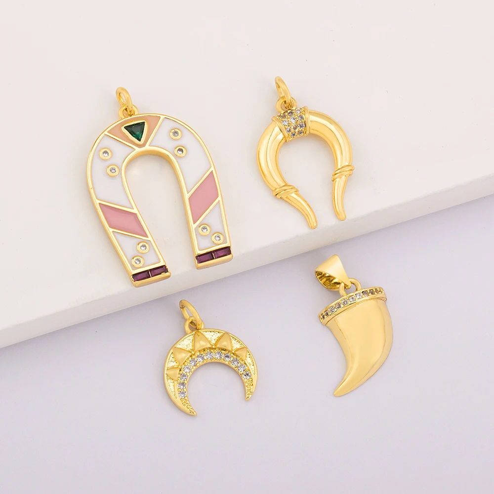 Handmade DIY Horseshoe/Horn/Moon Shape Gold Plated Keychain Pendant Jewelry Necklace Bracelet Earrings Copper CZ Gift Wholesale