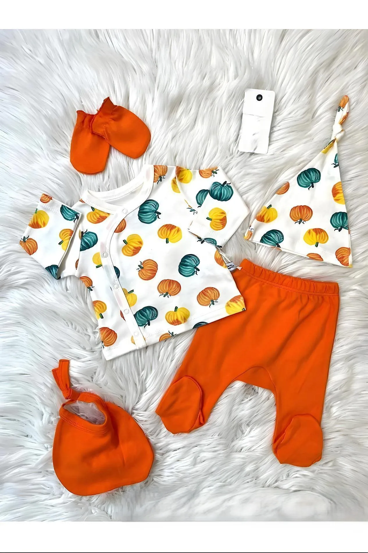 Pumpkin Pattern Orange 5-Piece Newborn Unisex Baby Hospital Discharge Set, baby girl newborn set, baby boy set. cotton