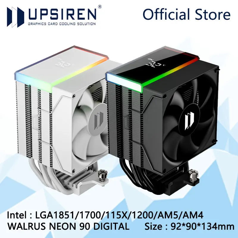 

UPSIREN WALRUS NEON 90 цифровой дисплей температуры процессор кулер, 4 тепловых трубки/экран цифрового дисплея ARGB/поддержки LGA1851/1700/AM5