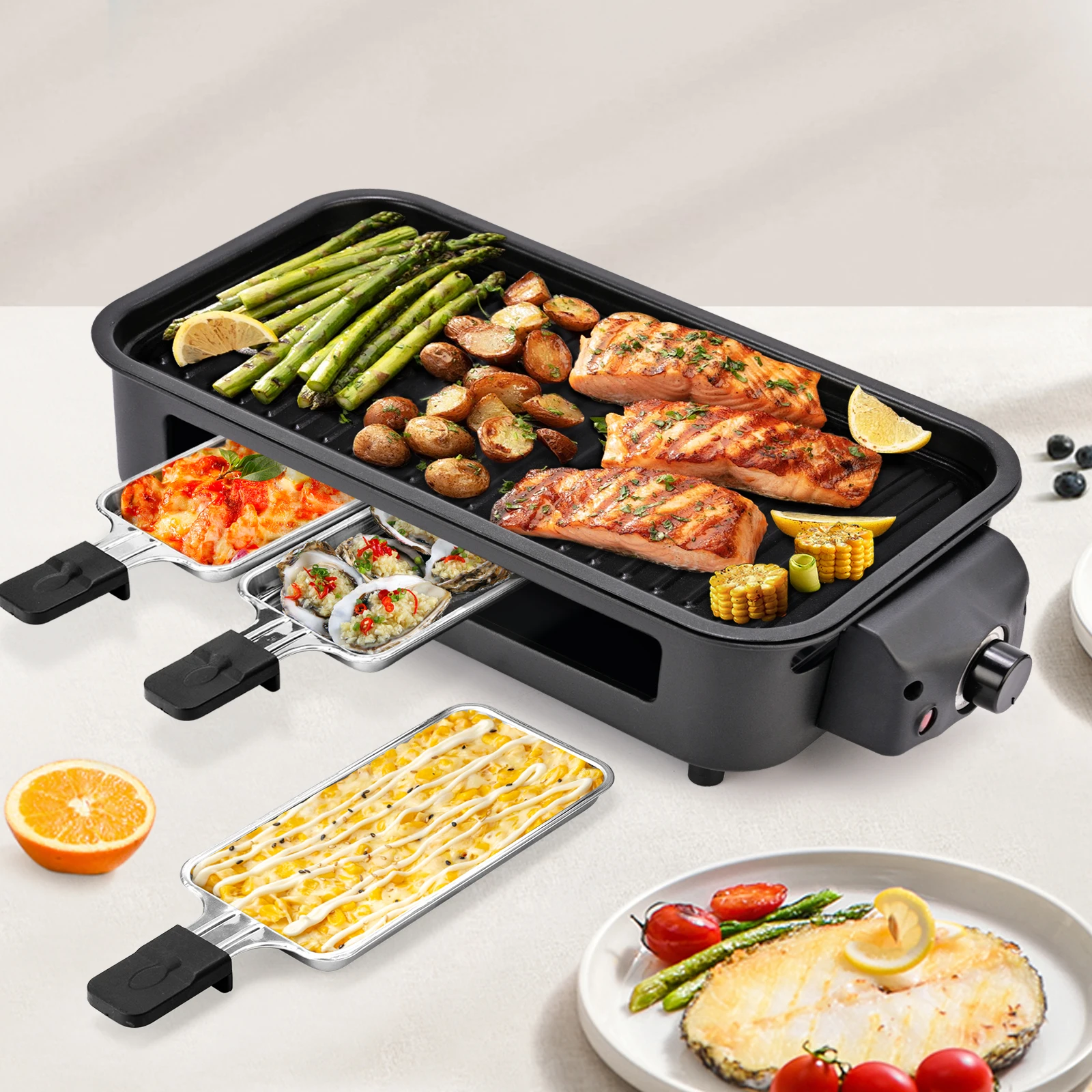 

Smoke-Free Electric Grill Includes grill rack, baking tray, and cheese tray Ideal for grilling, pan-frying meats, and other fami