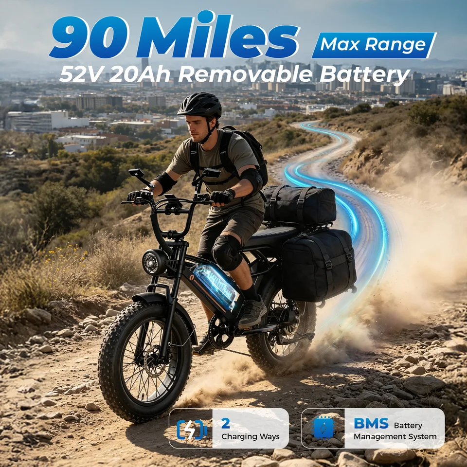 Jasion Electric Bike 5 Riding Modes Ebike,52V 20AH Battery E Bike,Dual Suspension, 7-Speed Electric Bicycle,20"x4.0" Fat Tire E-Bike, Full Suspension image 3