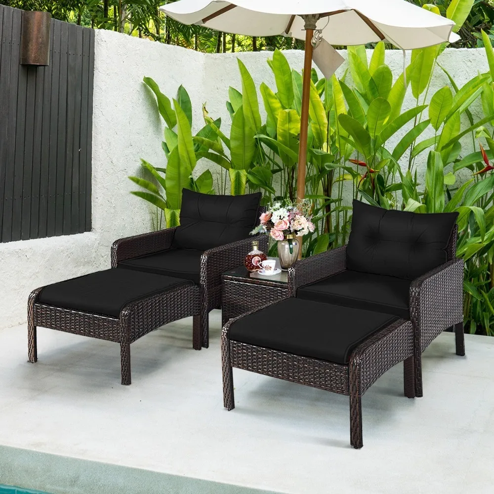 5PCS Patio Rattan Wicker Furniture Set Sofa Ottoman Coffee Table Cushioned Black