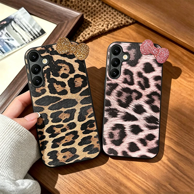Luxus Leopard Leder 3D Diamant Bowknot Bling Telefon Fall für Samsung Galaxy S26 S25 S22 + Plus S25 Rand S23 Ultra FE Abdeckung
