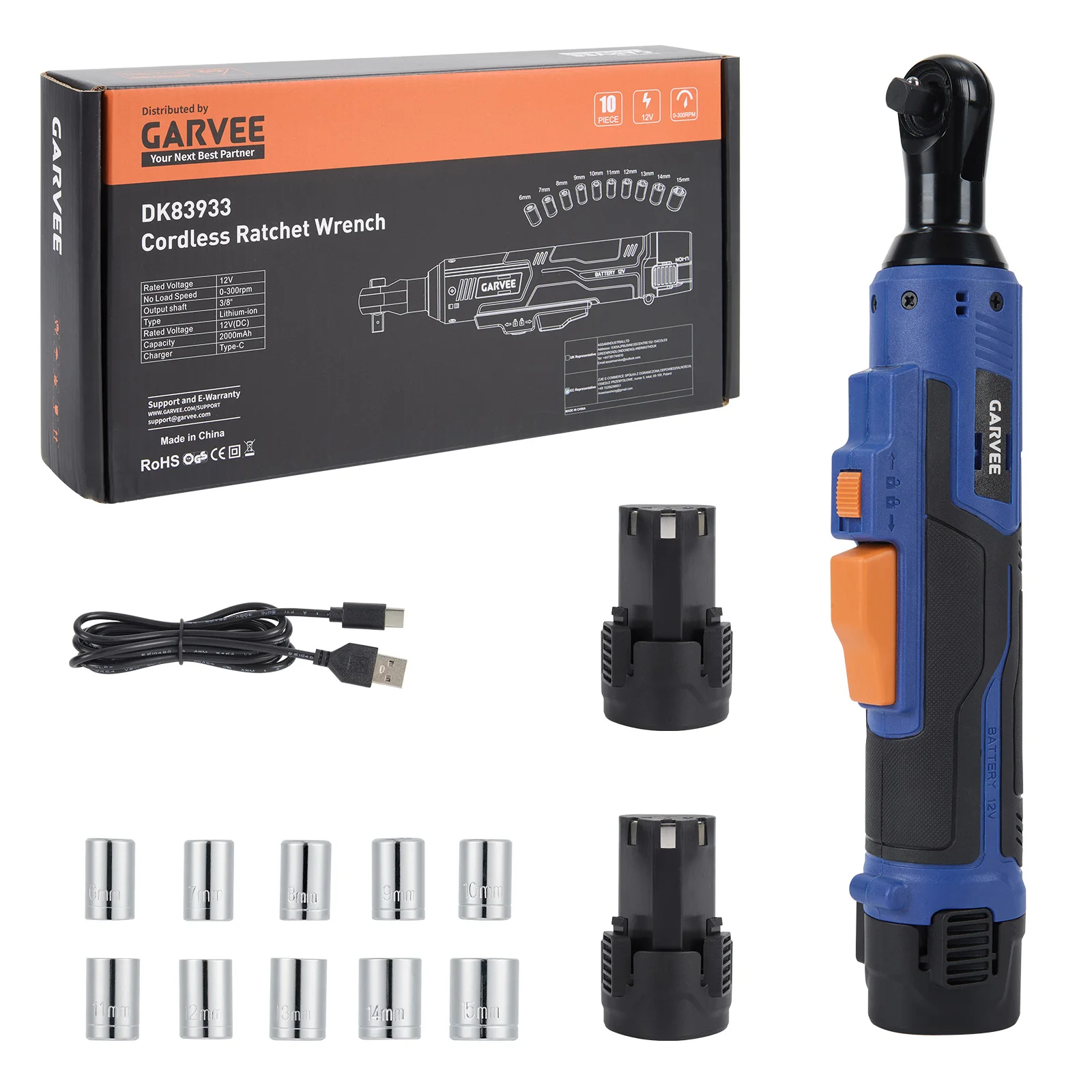 12V Wireless Electric Ratchet Wrench Set, 10 Sockets, 3/8" Drive 45Nm High-Torque Ratchet for Automotive Repair, 0-300 RPM