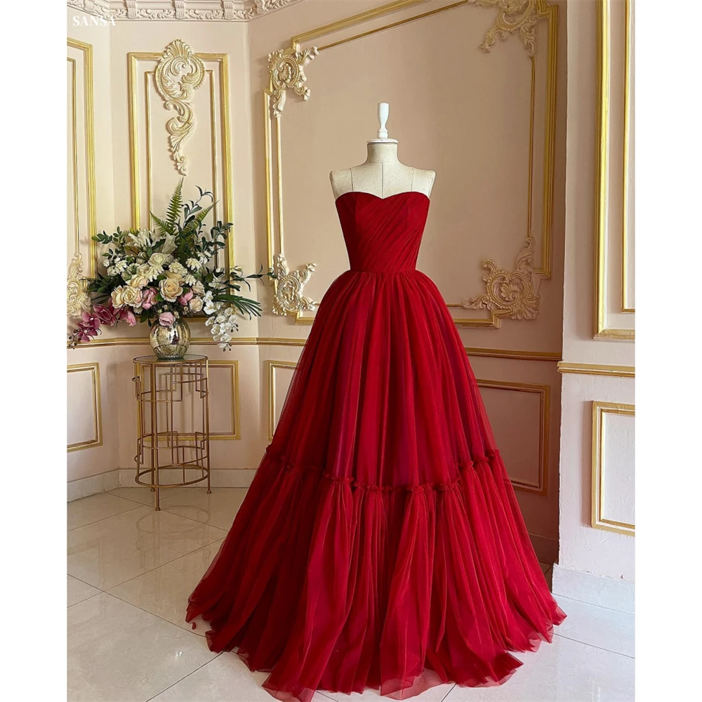 

Sansa Customized Red Boll Gown Multilayer Pleats Prom Dresses Elegant Sleeveless Vestidos De Noche Floor-Length Formal Evening