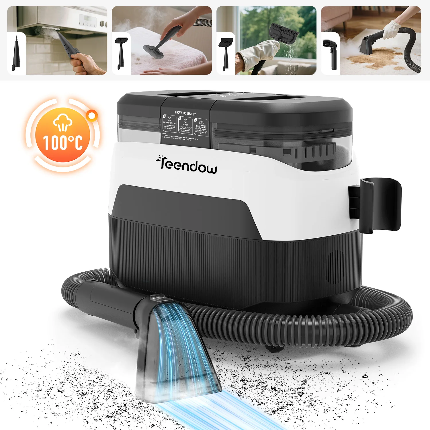 Teendow C7 MAX Tapijt- & Stoomstofzuiger – 1800W Motor, 100 ° C Stoom in 30 seconden, 20kPa zuigkracht, 1600mL/1500mL dubbel watertankontwerp, doodt 99,99% van de bacteriën.