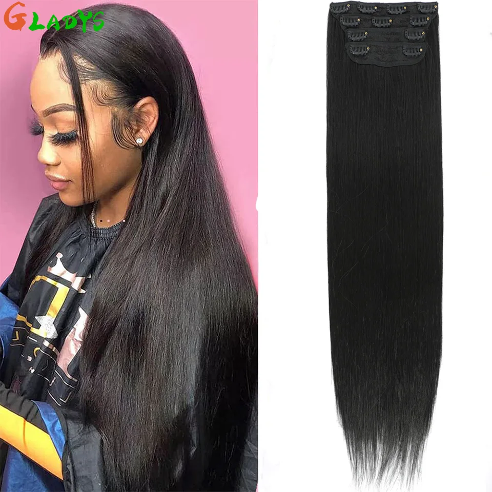 

Natural Black 11 Clips In Hair Extensions Straight HairStyle High Temperature Fiber 24 Inch Synthetic Hair Daily Use Hairpiece