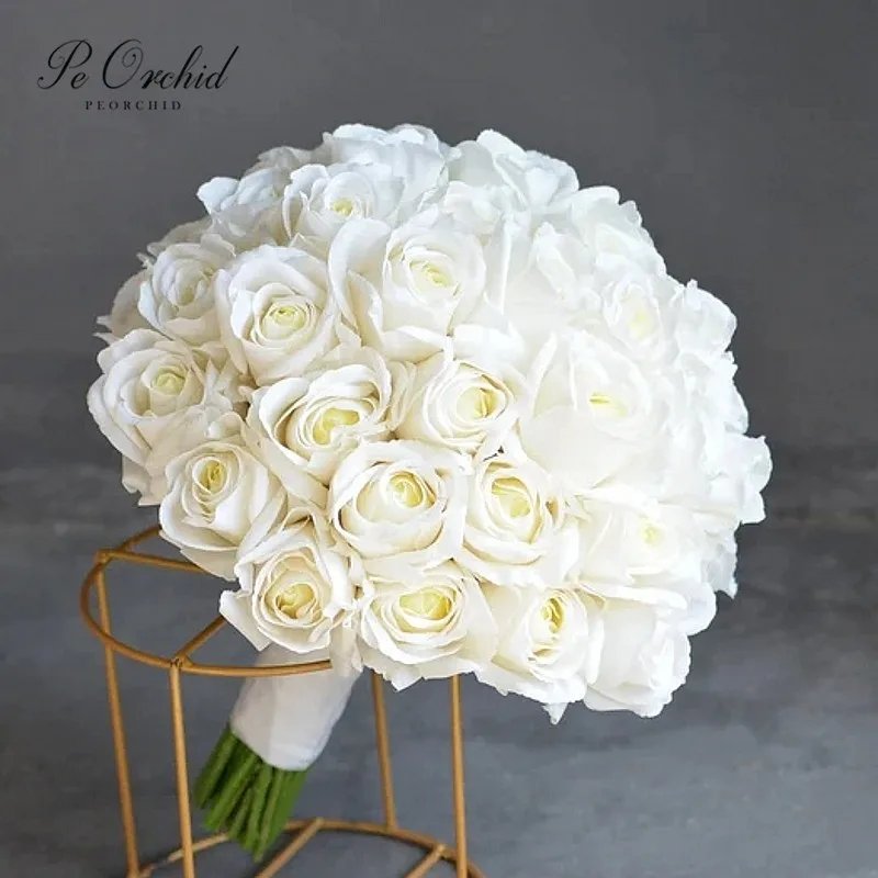 

PEORCHID Sample Ivory White Roses Bridal Bouquet Artificial Bride Hand Holding Flowers Faux Wedding Bouquets ramos para novias