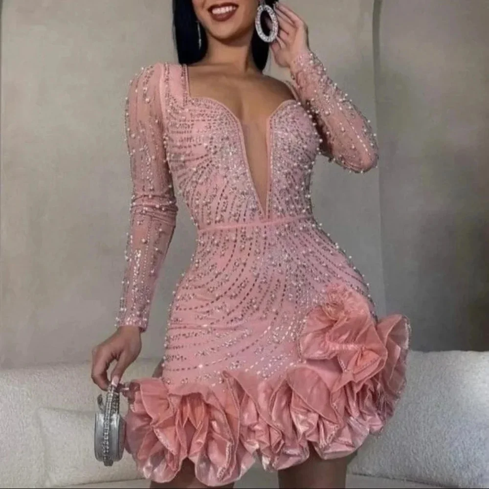 2024 Sukienka klubowa z długim rękawem i dekoltem w szpic Seksowna sukienka z błyszczącymi diamentami Sukienka damska Urodziny Bodycon Mini sukienki Vestidos — zdjęcie 2