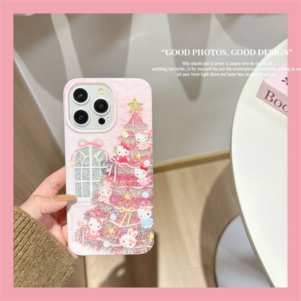 

New Cute Korean Pink Christmas Tree KT Cat Phone Case Compatible with iPhone 17 Promax 14, 15, 16 Pro Max Luxury Protective Cov