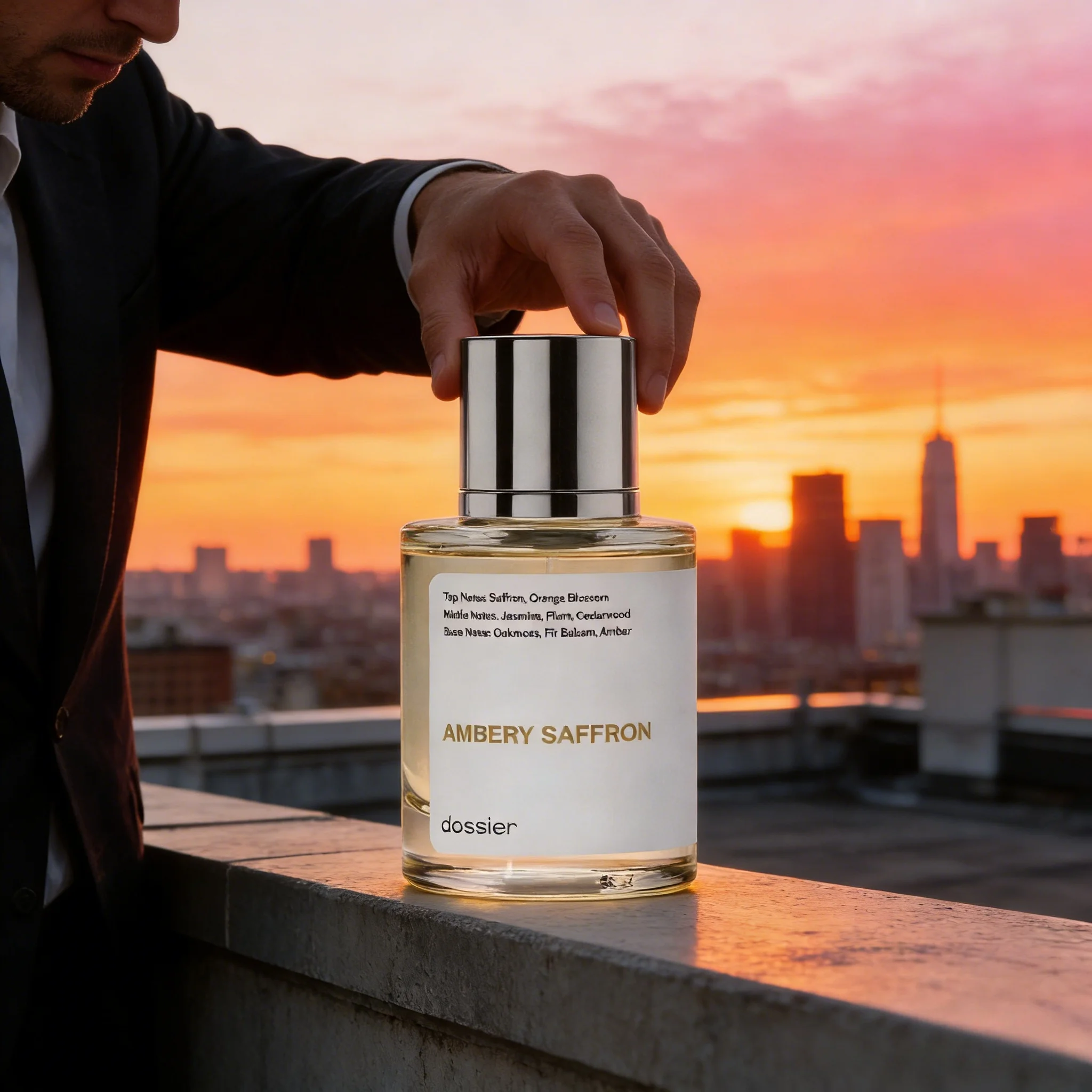 Dossier Ambery Saffron Unisex Eau de Parfum Warm Spicy Amber Woody Scent Minimalist Clear Round Bottle Silver Cap Long Lasting Neutral Daily Fragrance Premium Holiday Gift for Men and Women