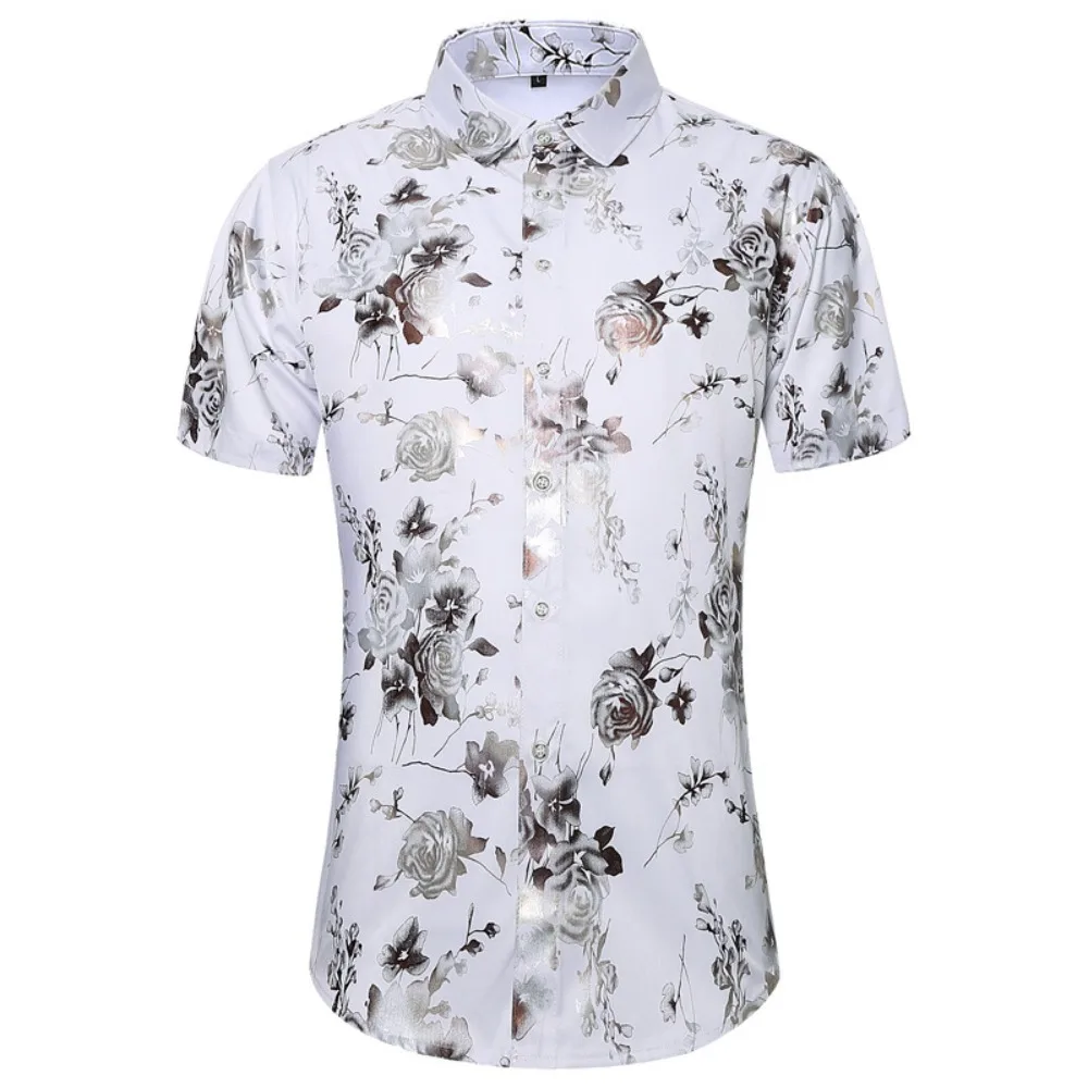 

Men's Short Sleeve Floral Print Shirt - Casual White Button Up with Rose Pattern for Summer