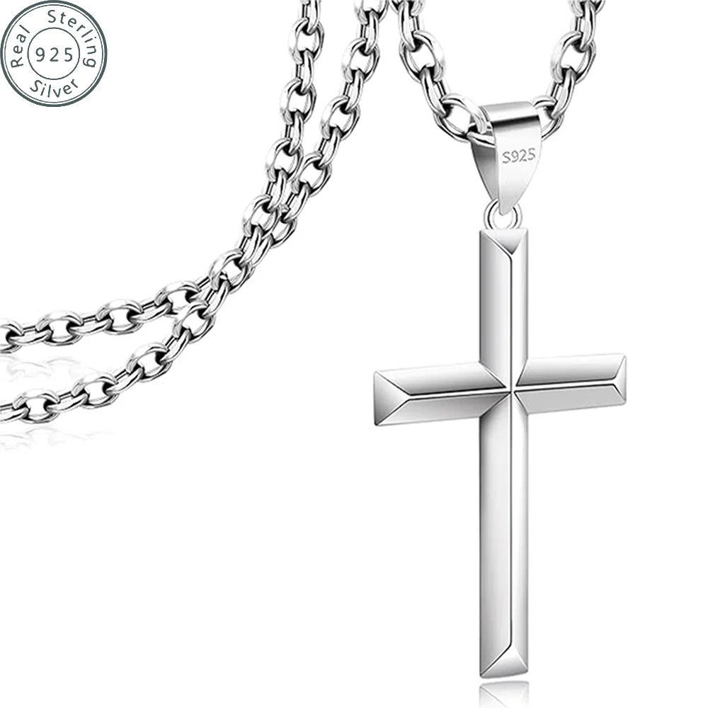 

925 Sterling Silver Cross Necklace for Men Women ， Rolo Chain Crucifix Pendant Silver Cross Cable Link Necklace Jewelry 20-24 In