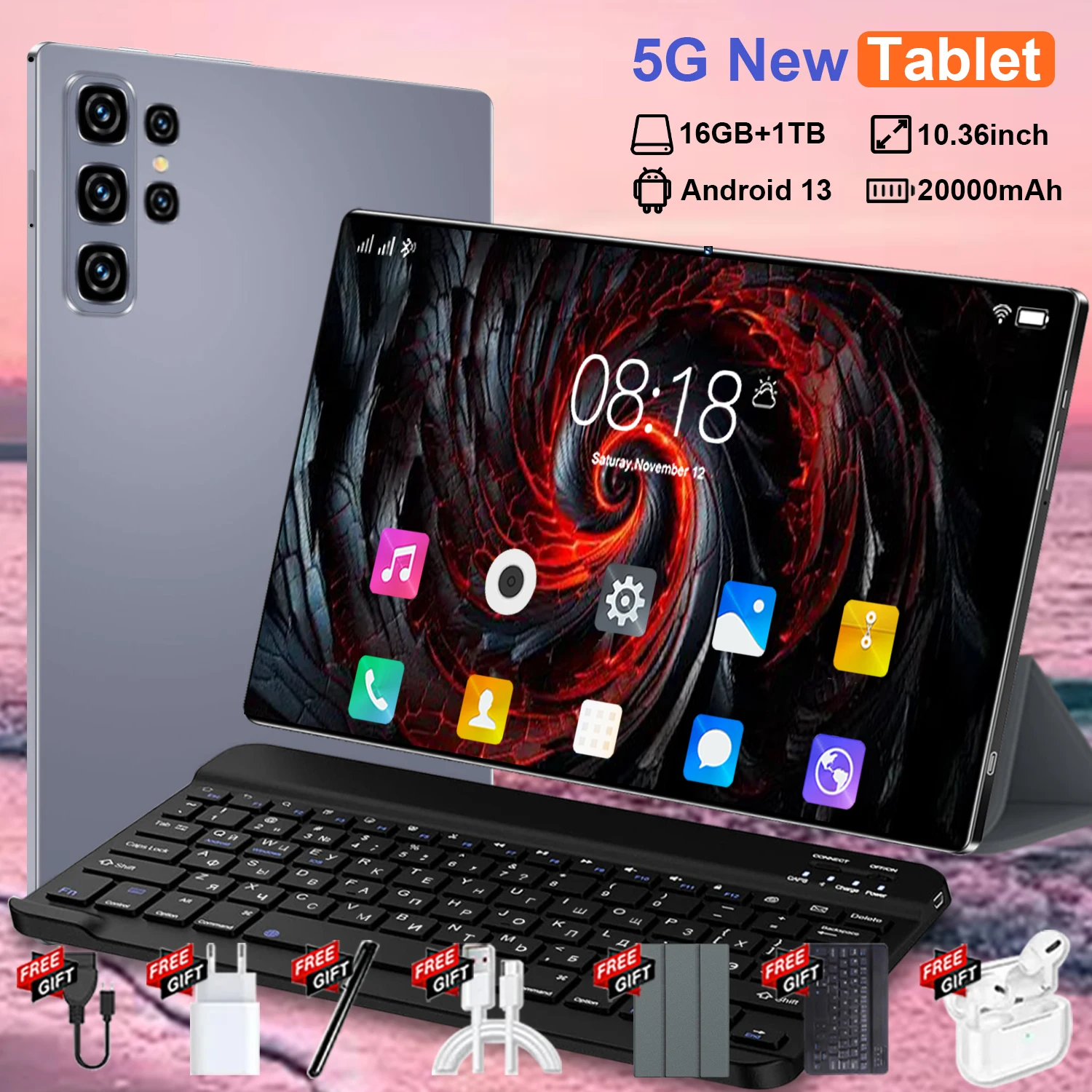 10,36 Zoll Tablet-PC Android 13.0 Google Play Dual-Kameras Dual-SIM 14-Kern 5G-Tablet Bluetooth WLAN 16GB RAM + 1TB ROM