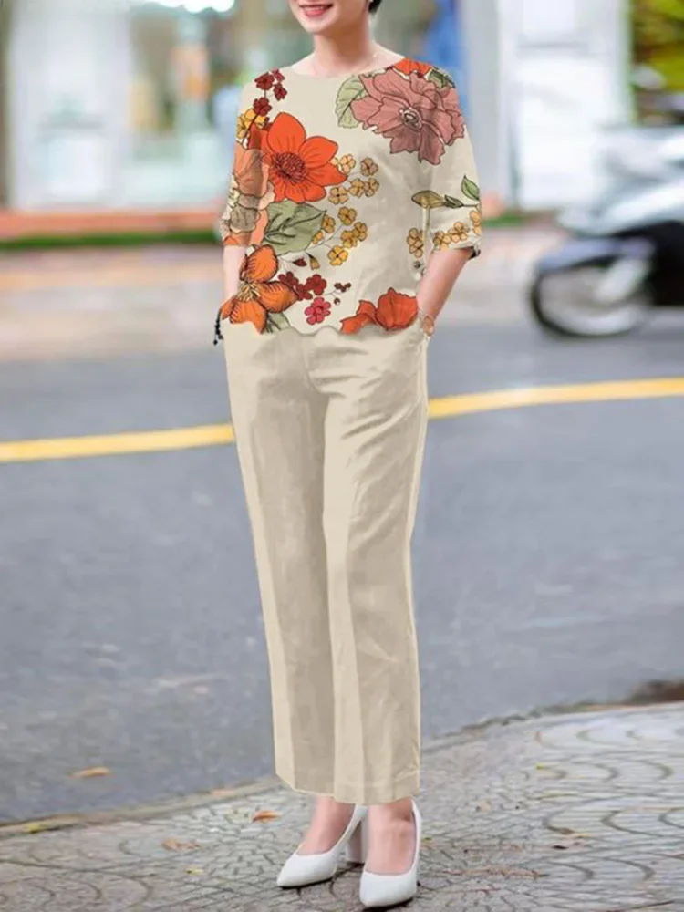 ZANZEA Fashion Office Work Suit Summer Women Matching Sets Short Sleeve Floral Blouse Casual Pant Sets 2PCS Elegant Tracksuits — zdjęcie 2