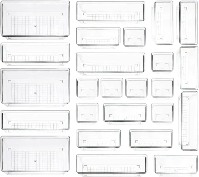 "25-teiliges Organizer-Set aus durchsichtigem Kunststoff, 4 Größen, stapelbar"