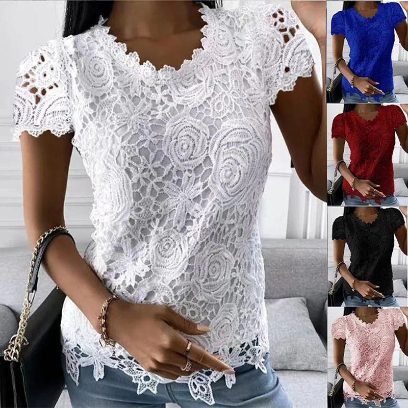 Y2k Vintage Lace Blouse Women T-Shirts Sexy O-Neck Short Sleeve Patchwork Elegant Fashion Clothes Streetwear Casual Solid Tops