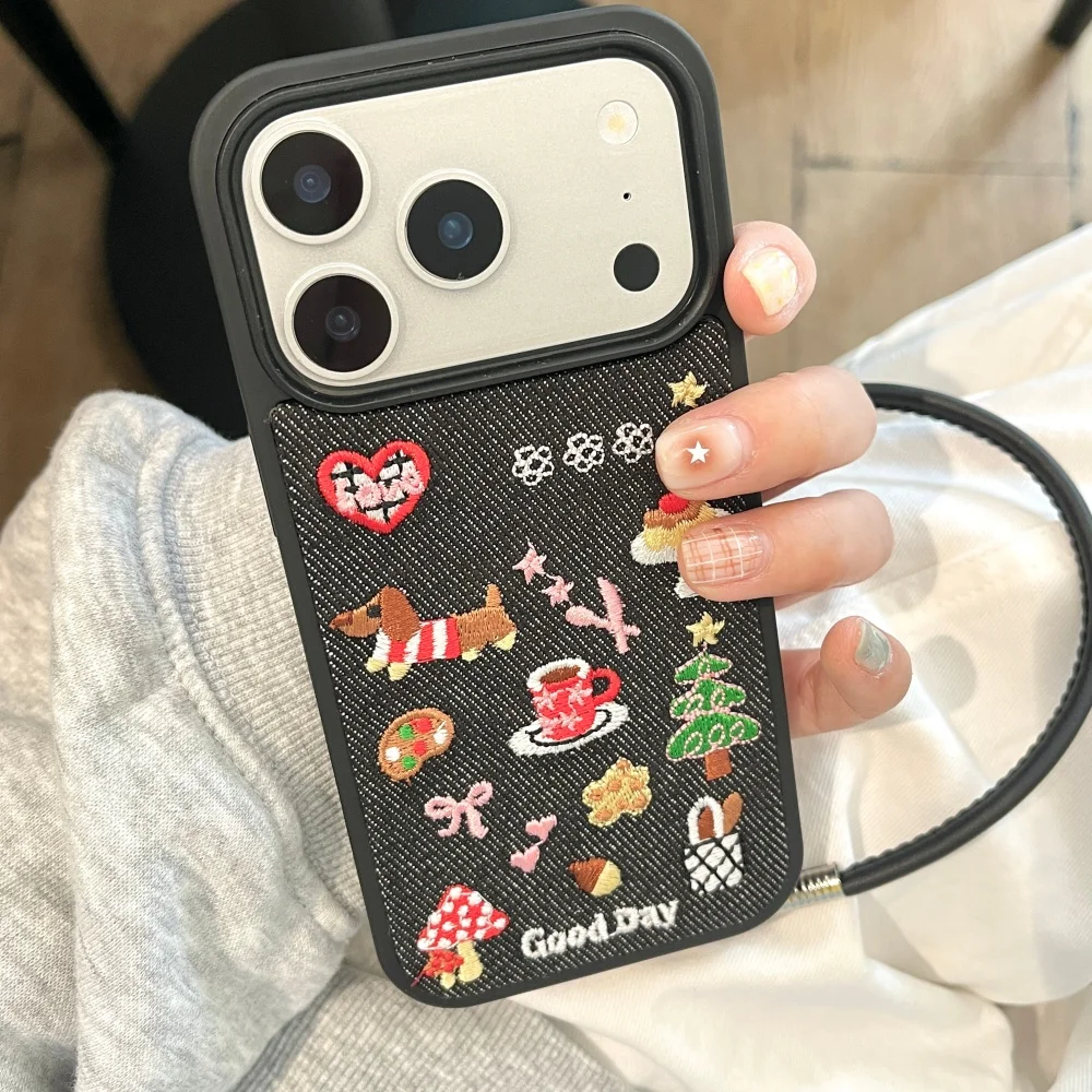 

Cute and trendy embroidered dachshund cup phone case,suitable for iPhone14/15/16/17ProMax,fashionable shockproof protective case