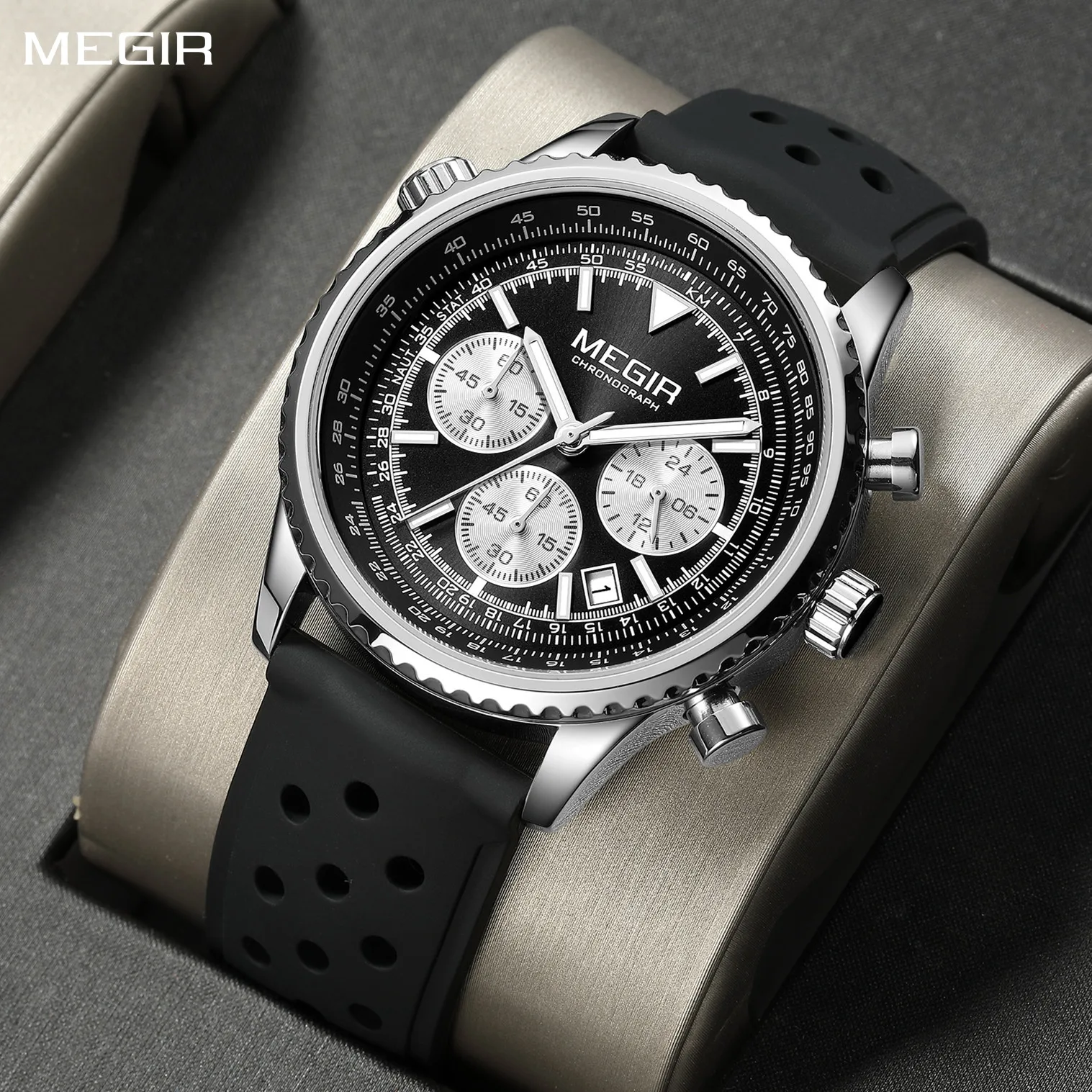 MEGIR Luxury Watch Men Fashion Silicone Band Quartz Military Wristwatch Waterproof Big Dial Sport Chronograph Date Clock 2236