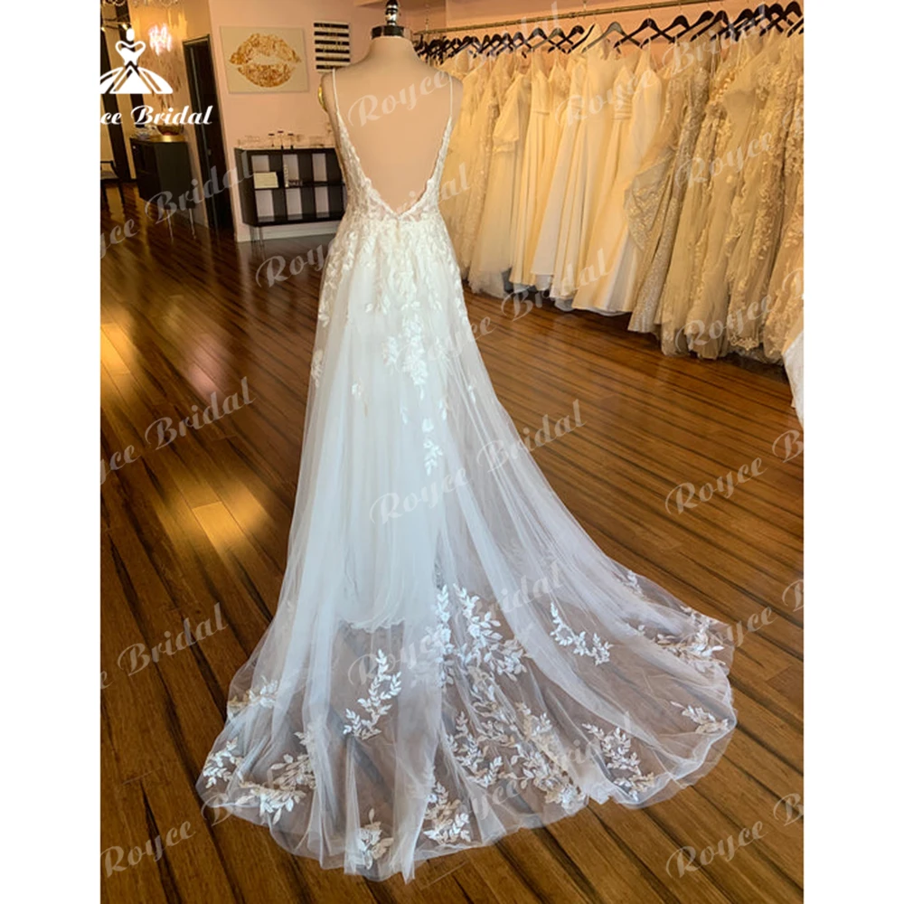 Vestido de casamento boho com decote V feminino, alças de espaguete sem costas, renda, apliques, linha A, personalizado, vestidos de noiva de praia