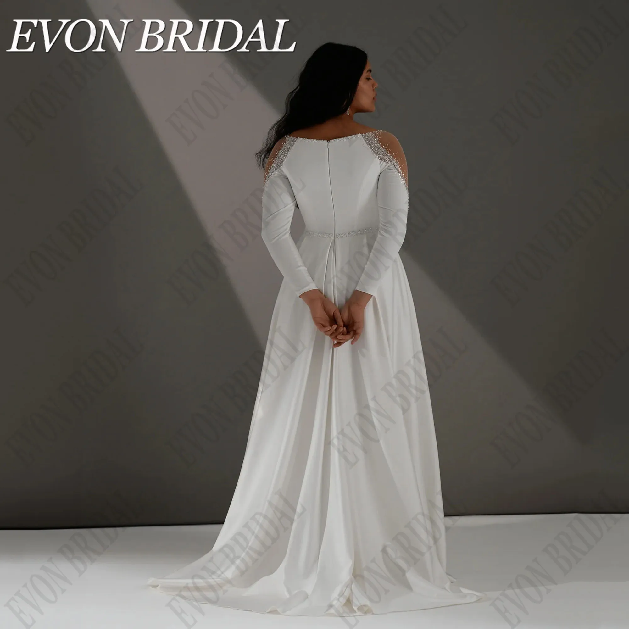 EVON BRIDAL Plus Size Wedding Dress Beading Satin A-Line Bridal Gowns Long Sleeves Elegant Bride Dresses vestidos de novia