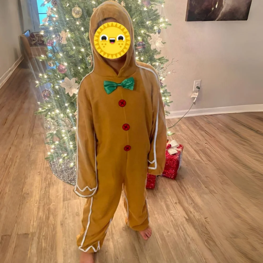 Christmas Gingerbread Man Cosplay Costume Boys Girls Gingerbread Man Themed Bodysuit Long Sleeve Holiday Party Role Play Dress